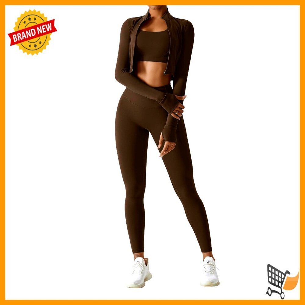 3-Piece Workout Set Long Sleeve Zip Jacket Sports Bra Tummy Control Leggings